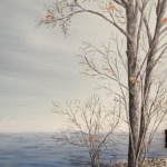 Original 2012 painting of nearly bare trees near the rocky shore of Mille Lacs Lake in the late autumn.