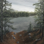 Original 2014 oil painting of the view from a BWCA campground of a small lake through the trees.