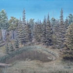 Original 2014 oil painting of the fir trees and a cedar tree around a pond There is a small footbridge over the pond’s outlet.