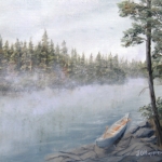 Original 2014 oil painting of morning mist rising off a a small lake in a wooded wilderness. An aluminum canoe with two paddles is pulled up along the rocky shore.