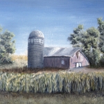 Original 2014 oil painting of a barn, a silo, and shelter belt trees behind a summer corn field.