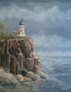 Original 2014 oil painting of Split Rock Light House on a cliff over Lake Superior.