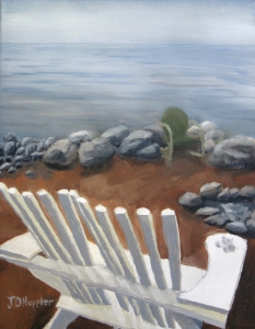 Original 2014 oil painting of a wooden Adirondack type chair on a lakeshore beach near an area for a small bon-fire.