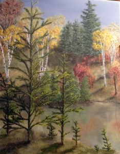Original 2013 oil painting of a woods and pond in autumn.