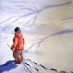 Original 2008 watercolor painting of a little boy holding a stick making tracks in the snow.