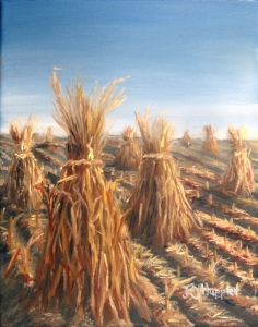Original 2014 oil painting of corn shocks on a field of harvested corn.