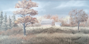 Original 2014 oil painting of an oak tree in autumn with a farm in the background.
