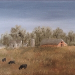 Original 2014 oil painting of a farm with cows grazing in a meadow.