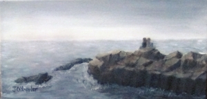 Original 2014 oil painting of sisters sitting on a large rock near Lake Superior on a foggy morning.