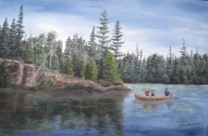 Original 2014 oil painting of an father and daughter paddling a canoe with another child riding near the front on a small wilderness lake in the BWCA .