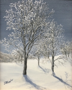 Original 2014 oil painting of a group of trees on a sunny winter day covered with hoarfrost.