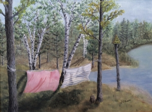 Original 2013 oil painting of beach towels drying on a clothesline between two trees near a lake.