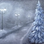 Original oil painting of a tree lined road with street lights shining on a snowy winter night.