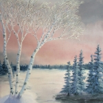 Original 2014 oil painting of a group of birch trees near a small lake on a winter evening at sunset.