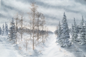 Original 2015 oil painting of bare tamarack trees and spruce trees on a snowy winter evening.