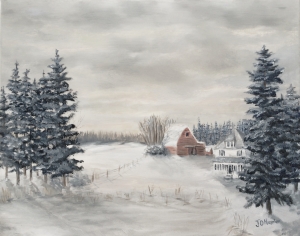 Original 2015 oil painting of a barn and farm house in a snowy winter scene.