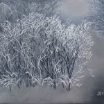 Original 2015 oil painting of an overcast winter afternoon in a woods with hoar frost on foreground brush.