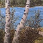 Original 2015 oil painting of three birch trees near a small wilderness lake, one three has broken and fallen.