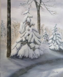 Original 2015 oil painting of Spruce trees with heavy wet snow on their branches.