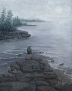 Original 2015 oil painting of a couple standing on a rocky point on Lake Superior on a misty morning.