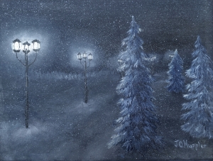 Original 2015 oil painting of a tree lined road with street lights glowing on a snowy winter night.