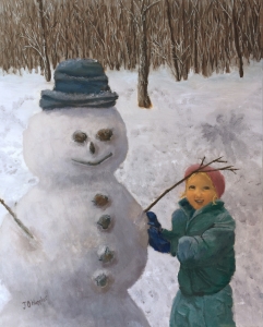 Original 2015 oil painting of a little girl finishing up a snowman. The snow around the snowman is rough from being played in and a snow angel can be seen near the yard’s wooded edge.