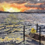 An original 2008 water color painting of a girl sitting on a dock watching the sunset across a lake on a windy, wavy day.