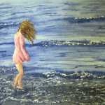 An original 2008 water color painting of a girl walking along the shore of a lake in the wind.