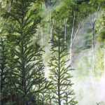 An original 2008 water color painting of morning fog raising from a valley in the woods.