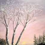 Original 2012 oil painting of birch trees near a lake in the winter.