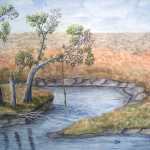 An original 2008 water color painting of a tree leaning over the Sioux River in South Dakota. A rope for swinging out and jumping into the river is hanging from the tree.
