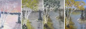 Set of four original 2013 oil paintings of birch trees near a lake each painting depicts one of the four seasons.
