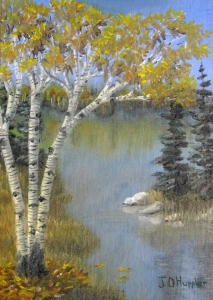 Original 2013 painting of birch trees near a woodland lake in fall.
