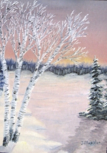 Original 2013 painting of birch trees near a woodland lake in winter.