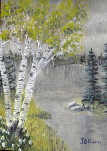 Original 2013 painting of birch trees near a woodland lake in spring.