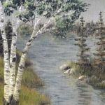 Original 2013 painting of birch trees near a woodland lake in summer.