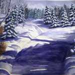 An original 2008 water color painting of a plowed road lined by snowy trees in the Minnesota Winter.