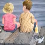 Original 2013 oil painting of children fishing from a dock.