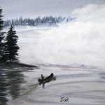 An original watercolor painting of someone paddling a canoe on a quiet woodland lake in the misty morning.