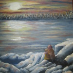 Original 2011 oil painting of a girl and a dog sitting on the snow watching a sunset across a frozen lake.