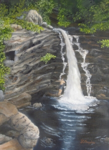 Original 2013 oil painting of a young man swimming at a waterfall in the BWCA.