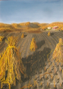 Original 2013 oil painting of corn shocks in a field in autumn.