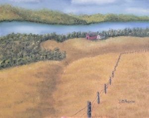 Original 2013 oil painting of a farm in the distance nestled near a river.