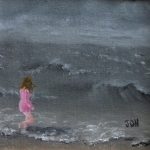 Original 2013 oil painting of a girl walking along the shore of a lake in the wind.