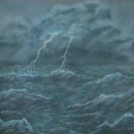 Original 2013 oil painting of clouds and lightening over a wavy lake.