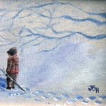 Original 2013 oil painting of a little boy making footprints in the snow.