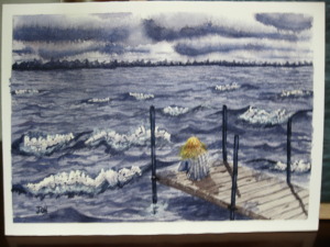 An original 2008 watercolor painting of a girl sitting on a dock on a windy, wavy evening watching the sunset across a lake.