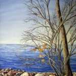 An original 2009 watercolor painting of nearly bare trees near the rocky shore of Mille Lacs Lake in late autumn.