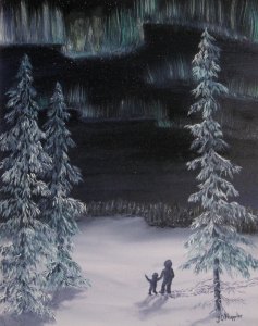 Original 2013 oil painting of a child and an adult watching the northern lights in winter.