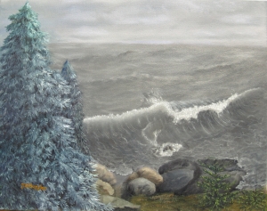 Original 2013 oil painting of large waves coming in to the Lake Superior North Shore.
